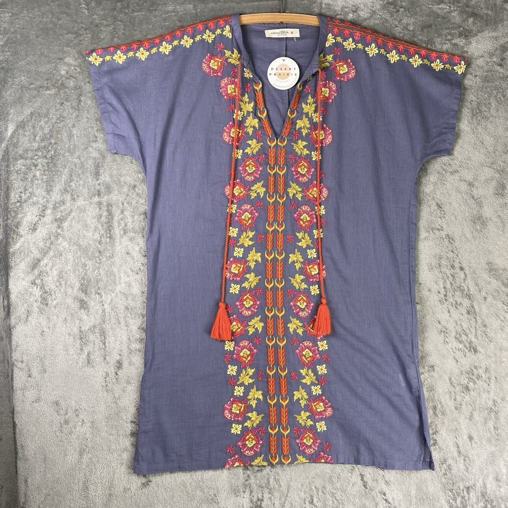 Natural Life Dress Womens Size M Blue Floral Emboidered Tunic Mini Shift Tassels